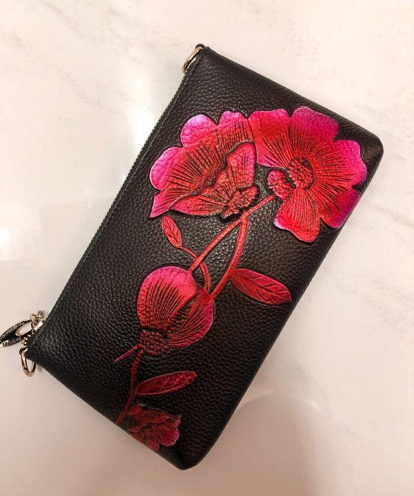 Hand-painted floral leather wallet with pink and red hibiscus flowers, stylish and unique accessories, perfect for casual or formal occasions, designed by Katya Maker.