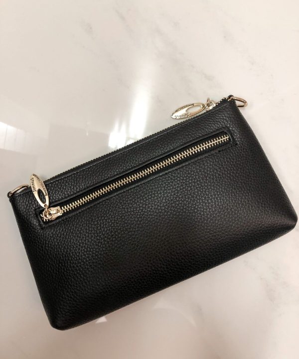 Luxurious black leather zippered clutch bag with gold hardware, ideal for stylish accessories and everyday use.