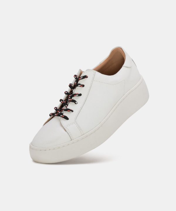 White leather chunky sole sneakers with black and red laces, stylish and comfortable casual footwear, perfect for everyday wear and modern fashion statements.