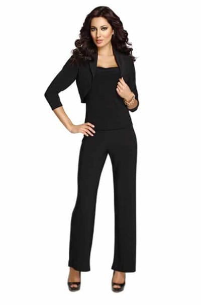 Black professional woman's pantsuit with blazer and wide-leg trousers for business or formal occasions.