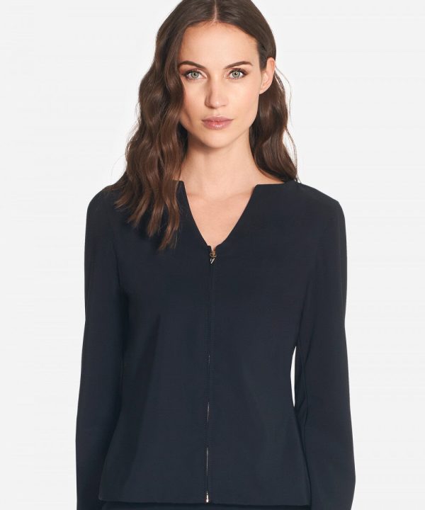 Elegant black zip-up blazer for women, featuring a tailored fit and sleek design, perfect for professional or casual wear. Made from high-quality fabric for a sophisticated look.