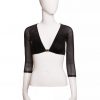 Black mesh long sleeve crop top with front zipper, stylish and trendy women's clothing for summer fashion.