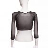 Black sheer long-sleeve crop top on a mannequin display, perfect for trendy fashion and clubwear.