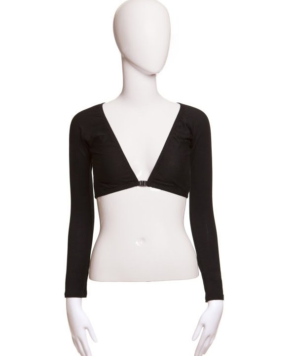 Black long-sleeve cropped jacket with zipper front, stylish and trendy women's fashion. Perfect for casual or evening wear, versatile clothing for modern women.