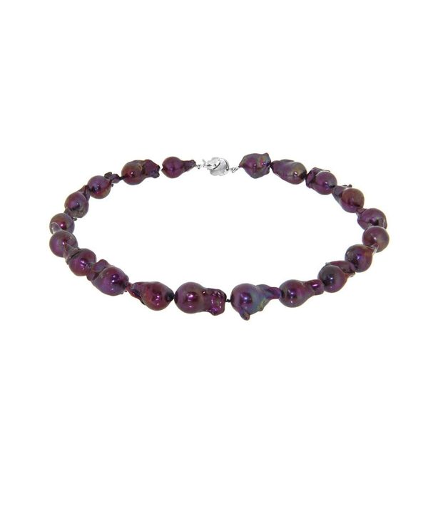 Vibrant purple freshwater pearl necklace with irregular shaped pearls and silver clasp, elegant jewelry piece for women.