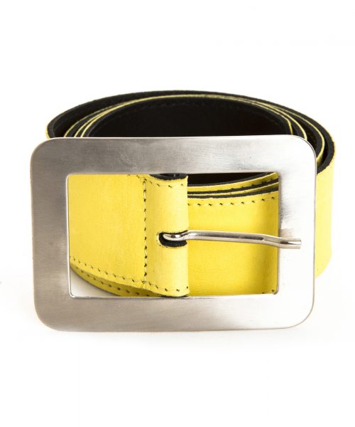 Yellow leather belt with silver rectangular buckle, stylish accessory for casual or formal outfits. Perfect for adding a pop of color to your wardrobe, featuring durable materials and sleek design.