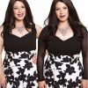 Elegant plus size women fashion photo showcasing stylish black and white floral skirts with black tops, perfect for curvy women’s dress style tips.