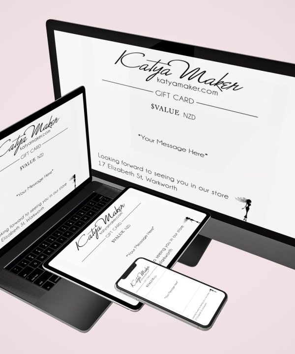 Gift card design for online store, displayed on laptop, tablet, and smartphone, showcasing digital gift cards from katyamaker.com, modern branding with elegant logo, perfect for e-commerce and gift shopping SEO.