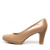 Sleek beige patent leather high-heeled pump with a rounded toe and stacked block heel, perfect for elegant office wear or chic evening outfits. Designed by Katyamaker, combining style and comfort.