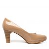 Beige patent leather high heel pump with wooden stacked heel, elegant design, women's stylish footwear, perfect for formal or office wear.