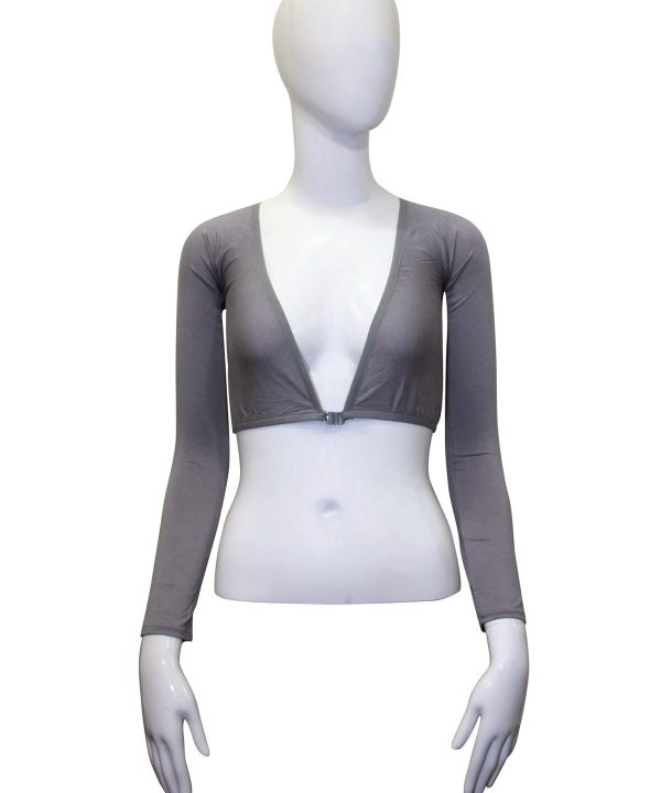 Soft gray cropped zip-up jacket with long sleeves, stylish and modern fashion piece, perfect for layering or casual wear.