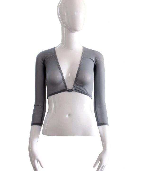 Futuristic gray sheer long sleeve crop top with V-neck and zipper detail, perfect for modern streetwear and fashion-forward styling.
