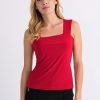 Bright red sleeveless top with wide straps, elegant and stylish for casual or professional wear.