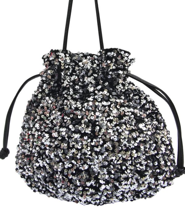 Sequined black and silver drawstring bag, evening party purse, stylish accessories for women, handcrafted designer bag, fashionable festival clutch, katyamaker.