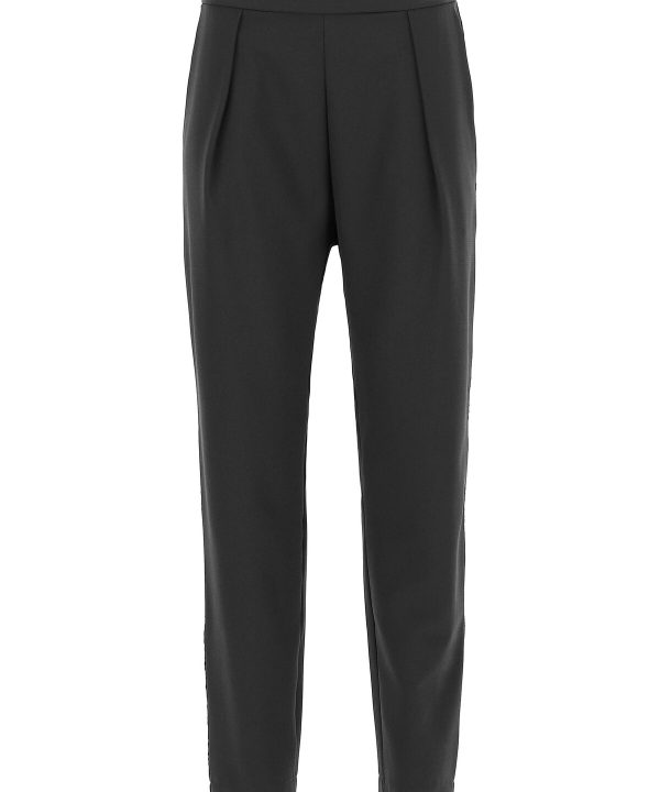 Black tailored women's pants with a high waist, pleated front, and tapered leg, perfect for professional and casual wear.