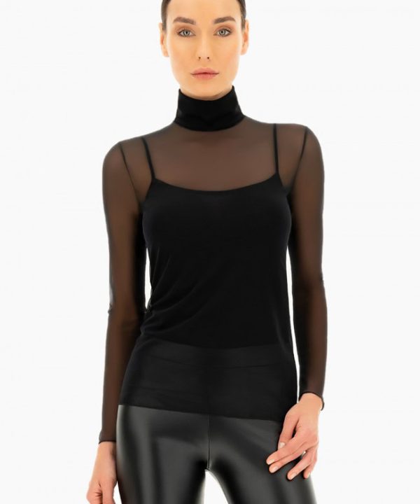 Sleek black mesh turtleneck top with long sleeves and fitted style, perfect for fashion-forward women, layered over a black camisole, paired with shiny black leather pants, ideal for modern chic outfits, stylish and versatile women’s clothing.
