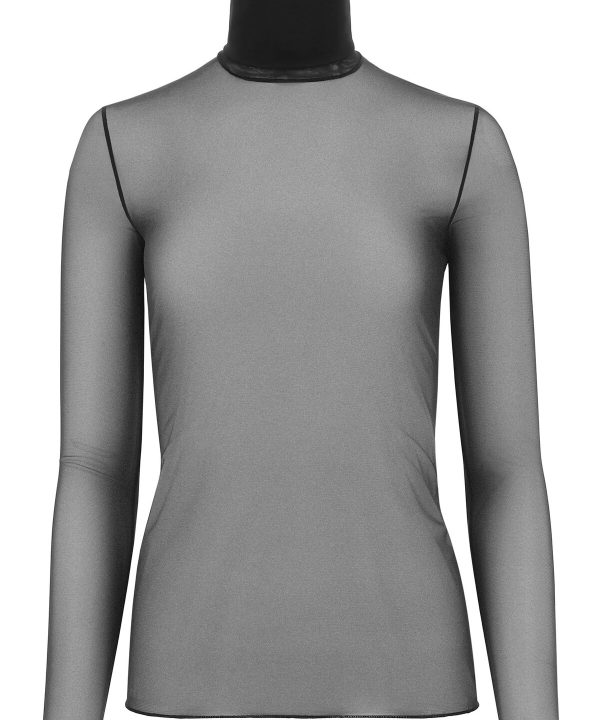 Bold black turtleneck top with sheer, fitted long sleeves, perfect for layered fall or winter fashion statements.
