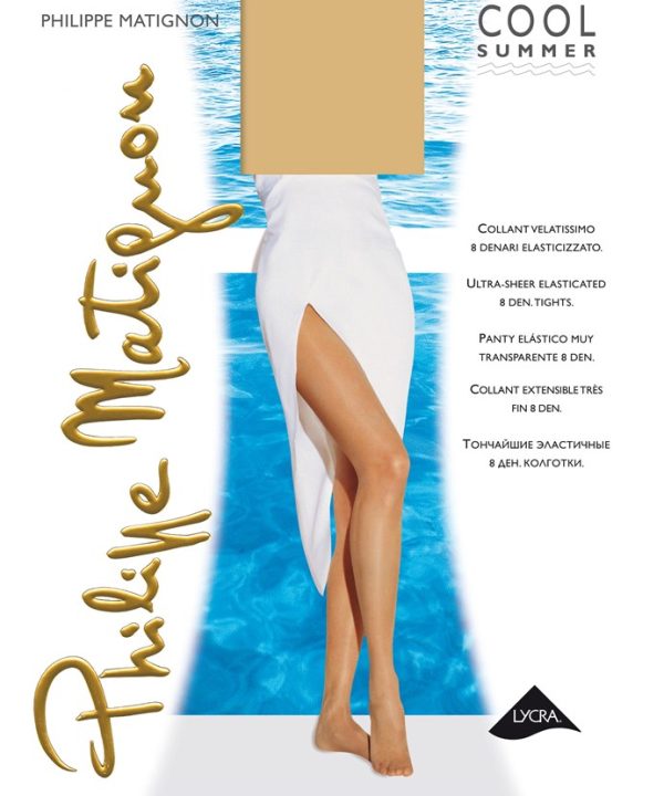 Elastische, transparente 8-denier pantyhose with high elasticity and fine 8 denier finish, featured in a summer fashion advertisement, emphasizing lightweight, sheer, and comfortable hosiery for women.