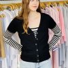Black cardigan layered over a black and white striped long sleeve top, casual fashion outfit, fashion retail, stylish women's clothing, Katyamaker store.