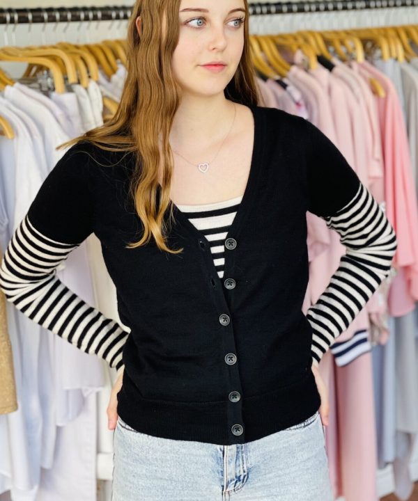Black cardigan layered over a black and white striped long sleeve top, casual fashion outfit, fashion retail, stylish women's clothing, Katyamaker store.