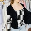 Black cardigan layered over striped tank top, casual fashion, boutique clothing store, women’s apparel, Katyamaker, apparel shopping, trendy outfits, fashion boutique.