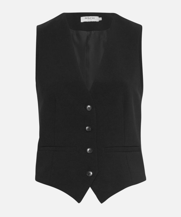Black sleeveless tailored blazer vest with button closure and sleek design, perfect for professional or stylish casual wear. Designed by MSCH for modern fashion statements.