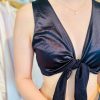 Black satin sleeveless knot-front crop top, stylish women’s fashion, trendy summer clothing, satin fabric, fashion boutique, Katyamaker design.