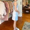Comfy stylish turquoise and white sleeveless dress with black piping, casual wear, boutique shopping, summer fashion, Katy A. Maker design.