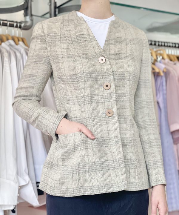 Tailored beige plaid blazer with large buttons, stylish women's business or casual jacket, perfect for office wear or smart outings, high-quality fabric, classic design from Katyamaker.