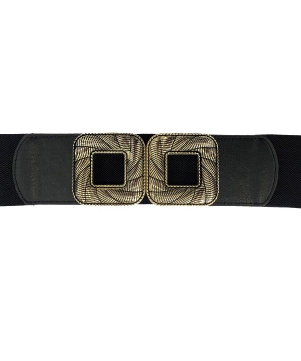 Stylish black fabric belt with decorative gold square buckle, perfect for fashion-forward outfits and accessorizing elegance.