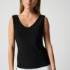 Black sleeveless V-neck top for women, stylish and versatile clothing from Katya Maker fashion collection. Perfect for casual or office wear.