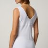 Luxurious white satin sleeveless top with elegant scoop neckline, stylish and perfect for sophisticated fashion statements.