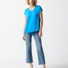 Blue satin top with criss-cross neckline, casual women's fashion, stylish summer outfit, Katy Amaker boutique collection.