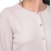 Elegant women's beige button-up cardigan featuring a round neckline, soft knit fabric, and classic pearl-like buttons, perfect for sophisticated and cozy everyday wear.
