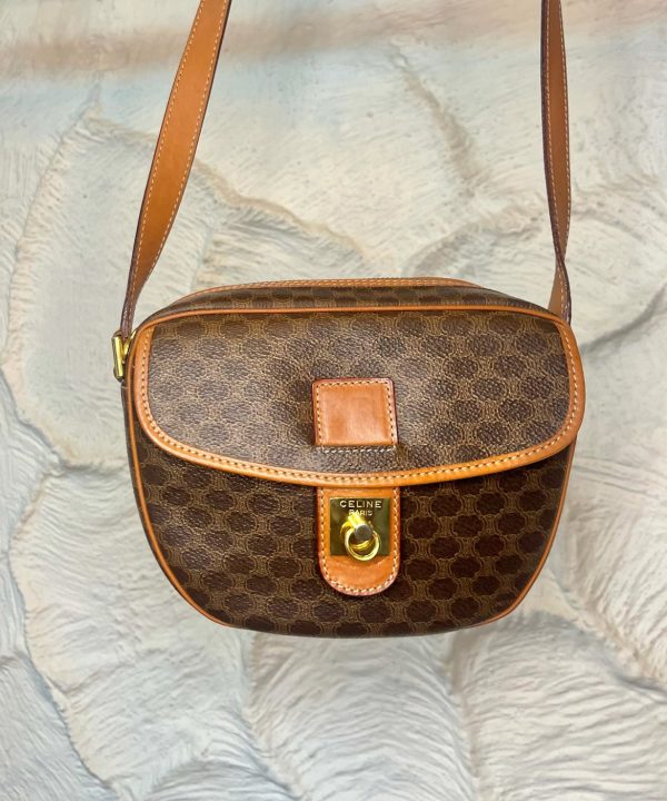 Vintage Celine Brown Monogram Canvas Shoulder Bag with Leather Trim and Gold Hardware, stylish and durable designer handbag.