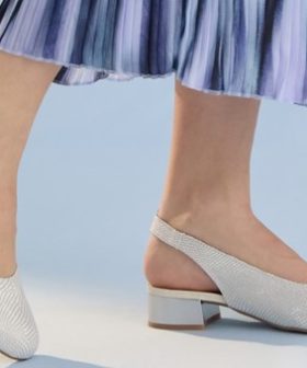 Stylish beige slingback heels with low block heel, perfect for spring or summer. Made of textured fabric, comfortable and elegant for casual or formal wear.