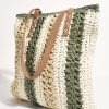 Handcrafted woven straw tote bag with tan leather handles, perfect for summer and beach accessories, featuring stylish striped design and eco-friendly materials from katyamaker.com.