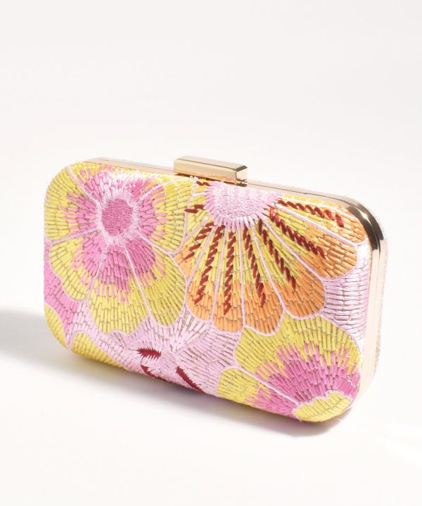 Colorful embroidered floral clutch purse with yellow pink and orange flower patterns, perfect for summer or special occasions.