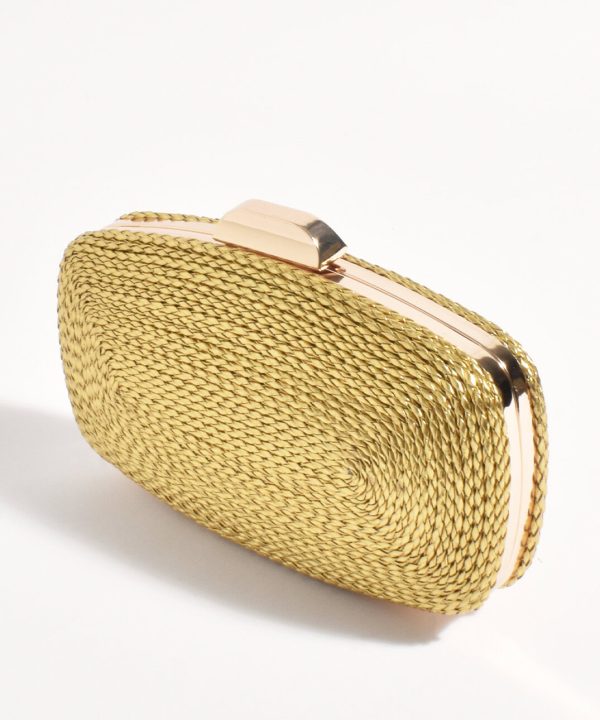 Golden woven clutch purse with metallic frame, perfect for evening accessorizing and stylish events.