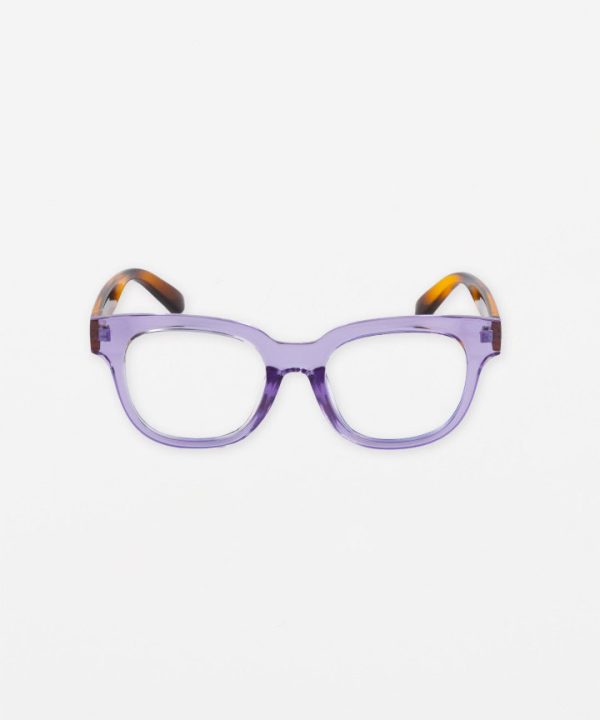 Colorful rectangular eyeglasses with purple frames and tortoiseshell temple tips, ideal for stylish eyewear accessories and fashion statements.