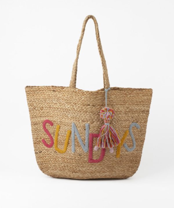 Colorful beach tote bag with embroidered "SUNNY DAYS" lettering and tassel charm, perfect for summer outings and seaside adventures.