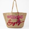 Weekend straw tote bag with embroidered "weekend" and "everyday" text, pink and red accents, and a decorative tassel, ideal for summer shopping or beach trips - handmade and stylish accessory from katyamaker.jpg.