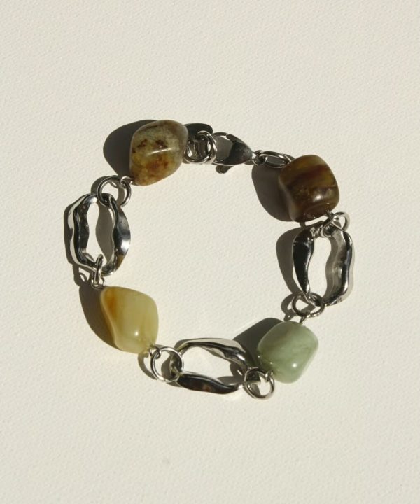 Handmade gemstone and silver bracelet featuring earthy tones, unique stone beads, and modern metal links, perfect for artisanal jewelry enthusiasts.