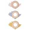 Soft pastel-colored baby teething rings with adorable dinosaur design, made of eco-friendly wood and silicone, perfect for soothing teething discomfort and stylishly complementing baby's nursery decor.