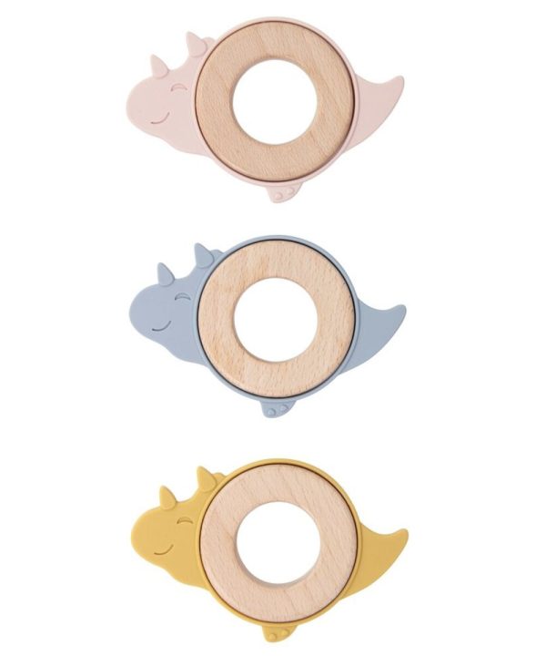 Soft pastel-colored baby teething rings with adorable dinosaur design, made of eco-friendly wood and silicone, perfect for soothing teething discomfort and stylishly complementing baby's nursery decor.