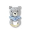 Soft gray crocheted bear-shaped baby teether with wooden ring and blue scarf, perfect for infant sensory play, teething relief, and adorable nursery decor.