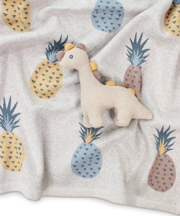 Soft pastel-colored baby blanket featuring a cute plush giraffe toy and pineapple print for nursery decor and baby gift ideas.