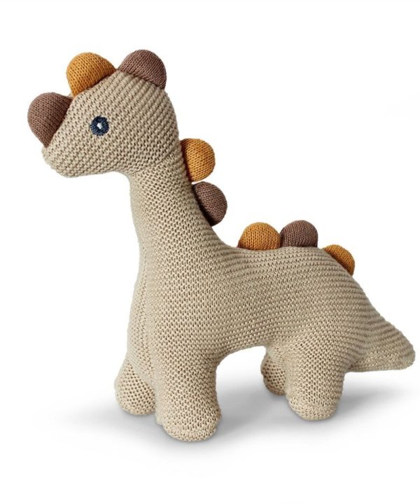 Handmade crochet dinosaur plush toy for children, soft beige with colorful spikes, perfect for nurseries and playrooms, eco-friendly and washable.