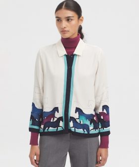 Elegant women's cardigan featuring colorful horse embroidery, ideal for stylish fall and winter outfits, from KATYAMAKER's latest collection.
