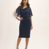 Elegant navy blue cocktail dress with ruffle sleeves, perfect for evening events and formal gatherings. Stylish and sophisticated fashion from Katya Maker’s latest collection.